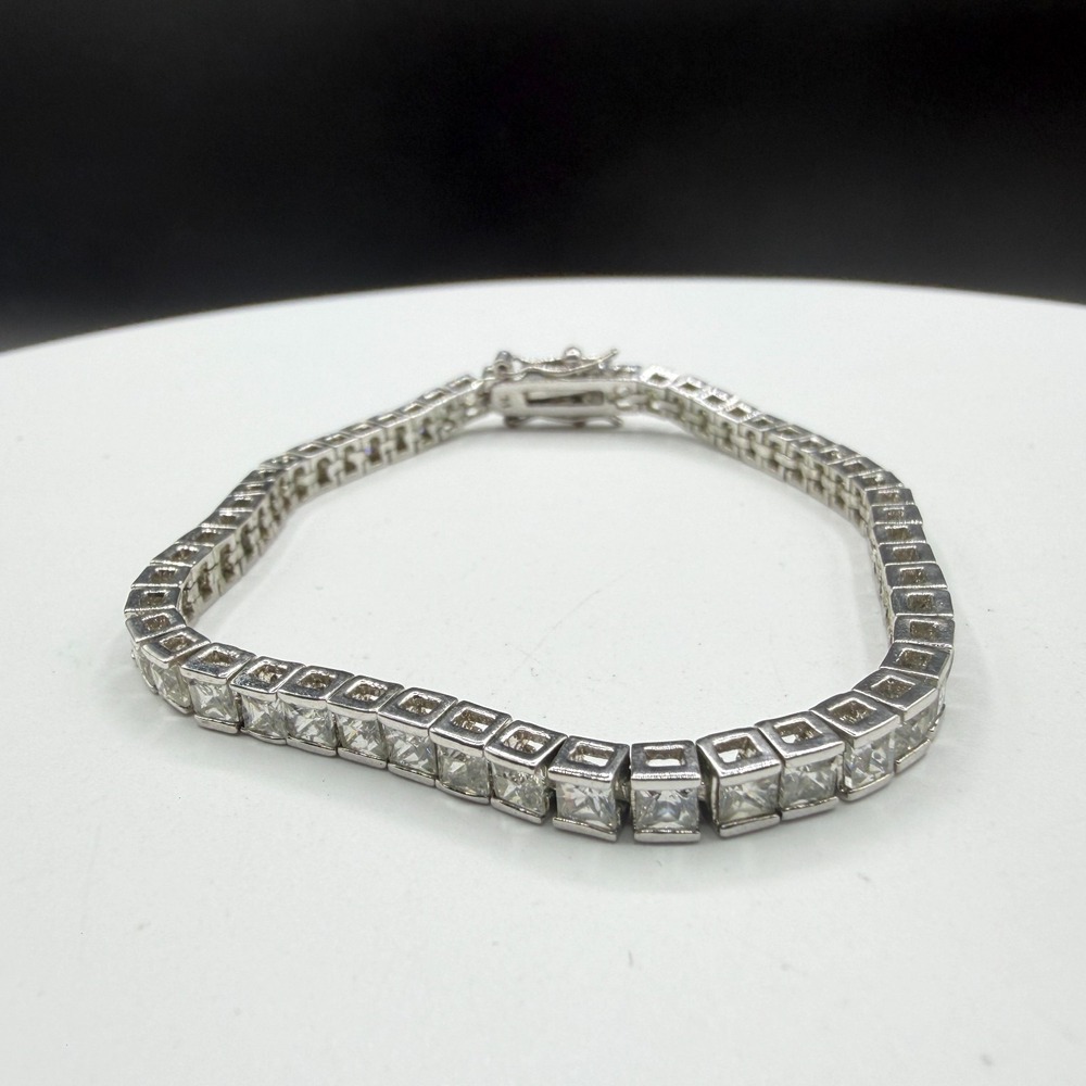 Silver Tone Square Cut Crystal Tennis Bracelet Box Clasp Statement Y2K Glam Gift